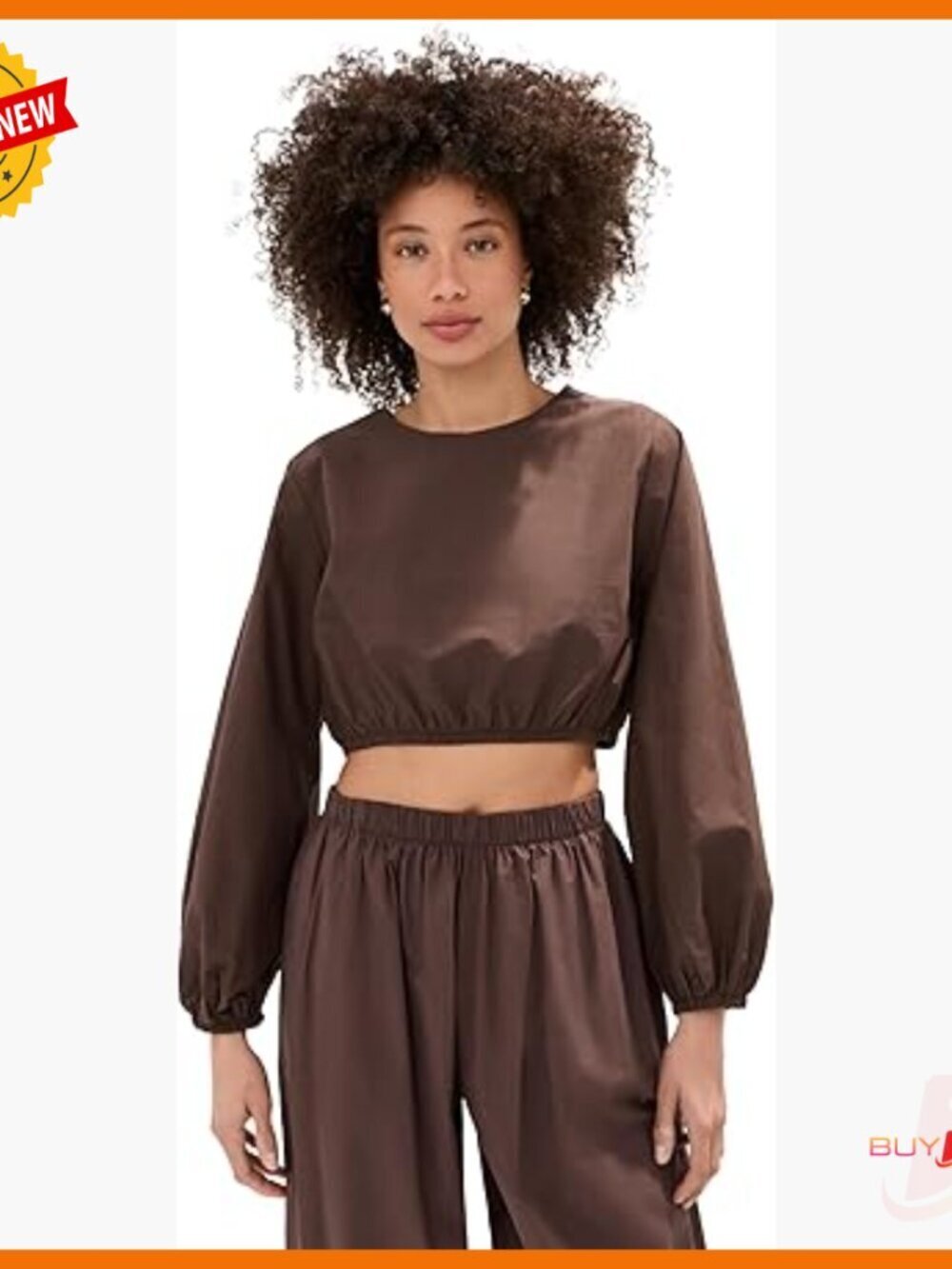 Cropped Blouse with Elastic Cuffs, Lightweight Cotton Poplin, Crew Neck